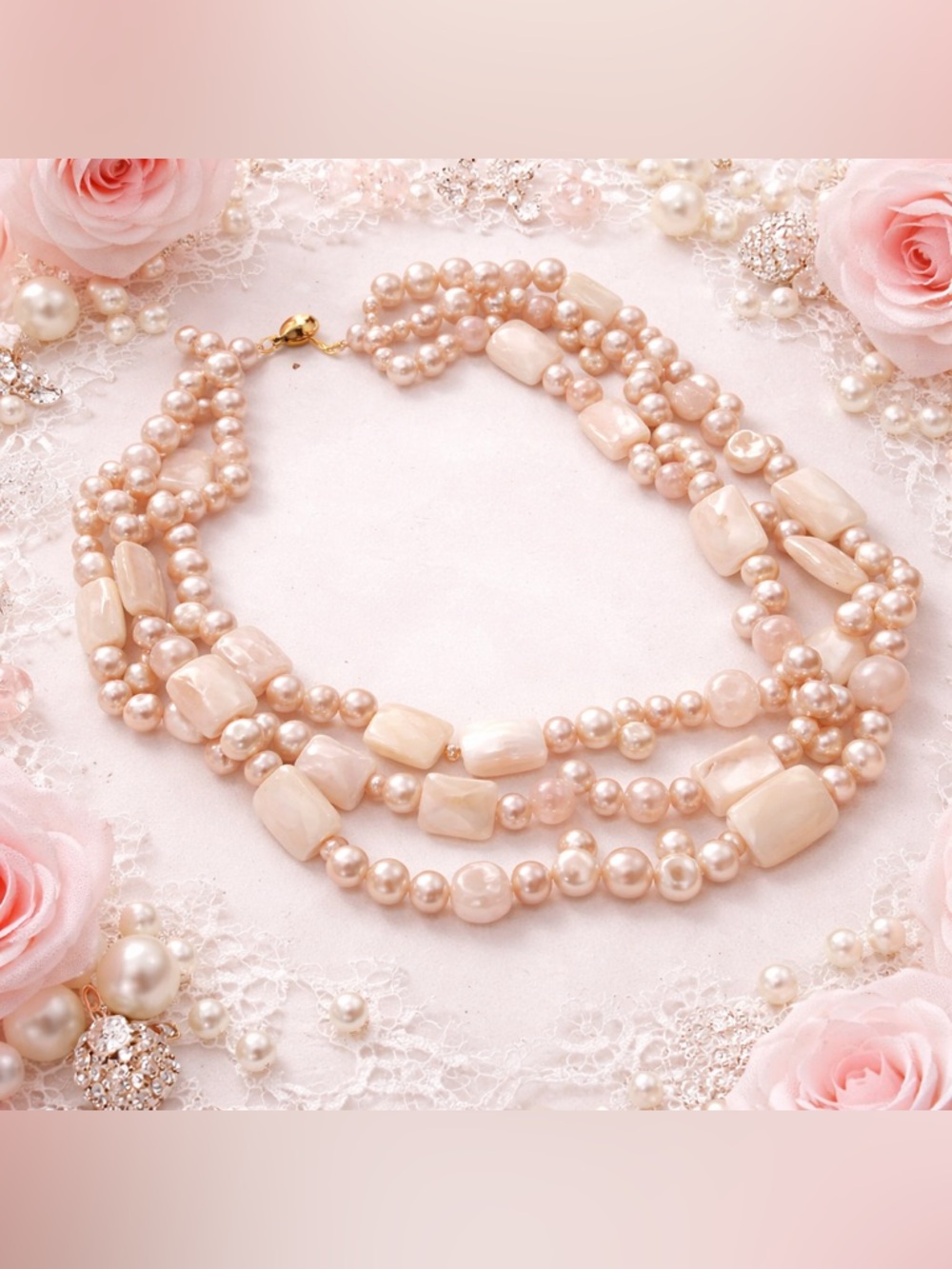 14K Gold Clasp Rose Quartz & Freshwater Pearl Multi-Strand Necklace 16”